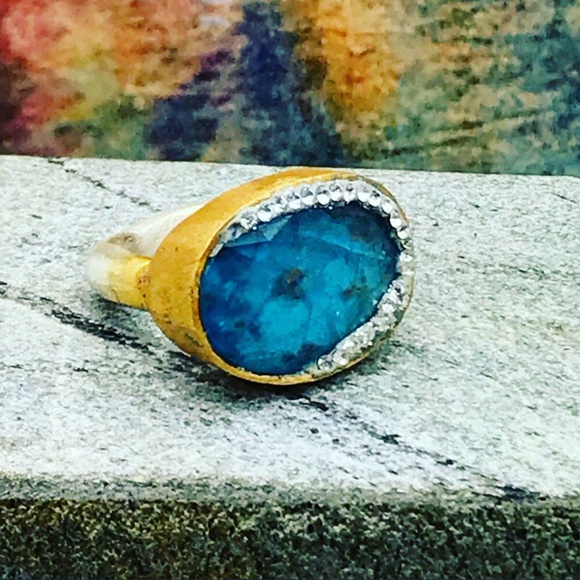 Handmade Ocean Blue Turmaline silver gold ring - Picture 3 of 6
